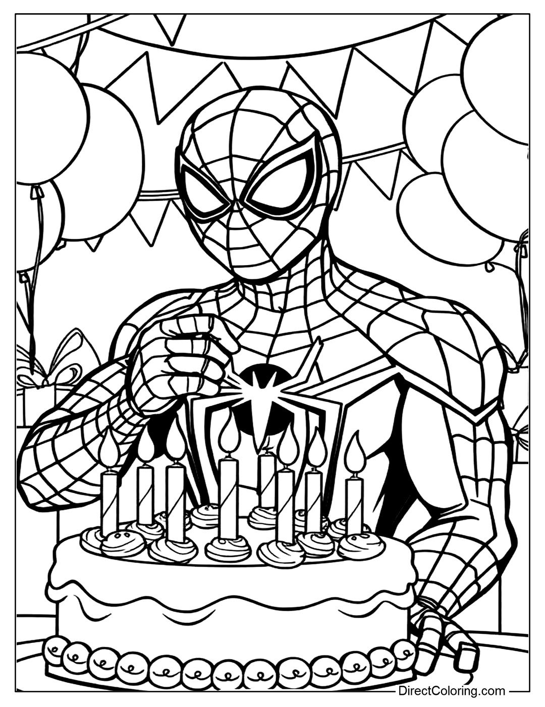 Spiderman with Birthday Cake Color Page Free